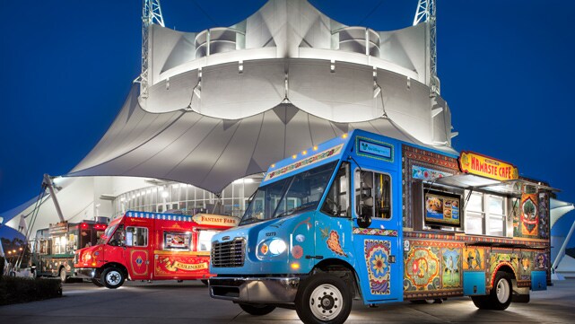 Food trucks parked outside of La Nouba Theater at Disney Springs in Florida