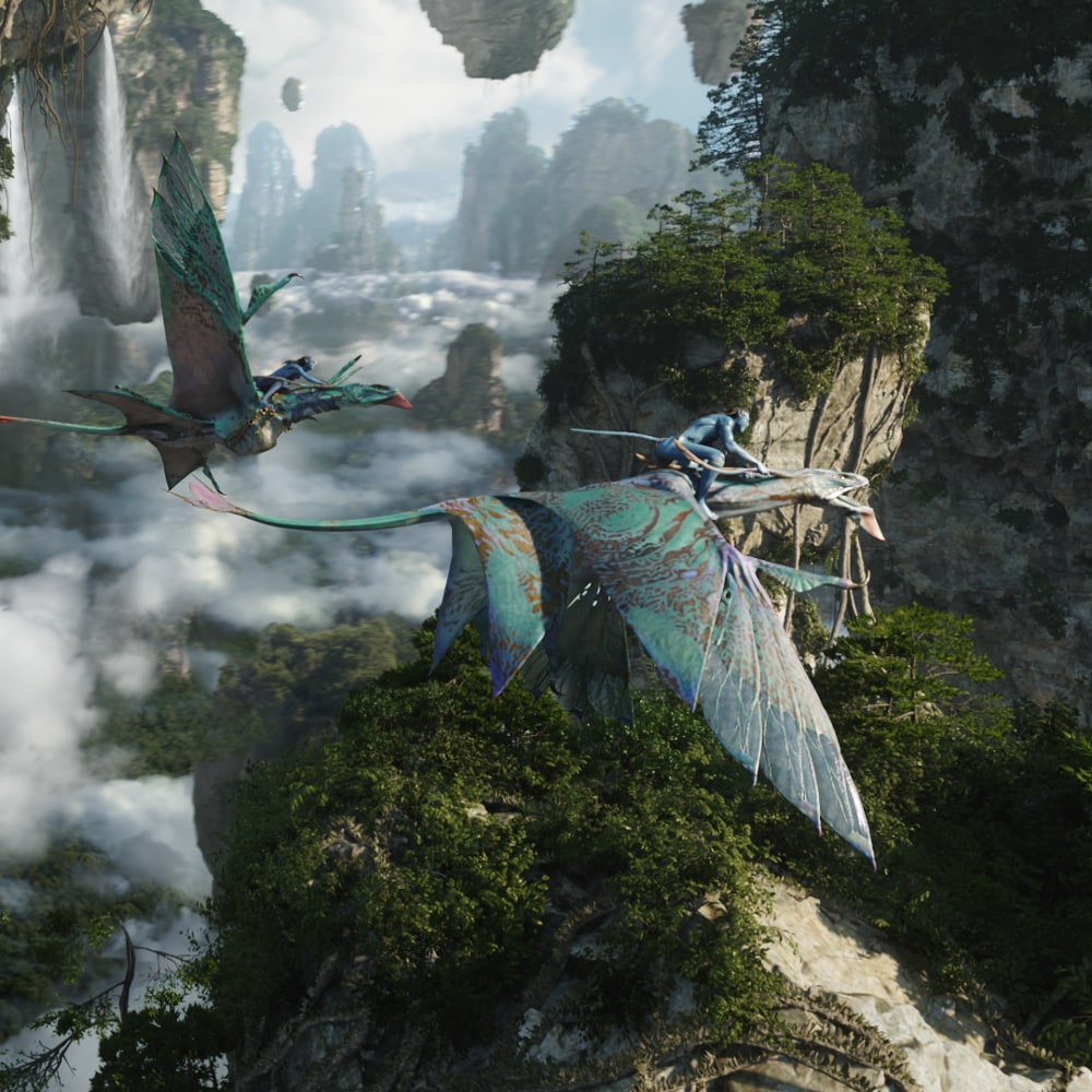 Na'vi people riding atop flying mountain banshees through a range of floating mountains of Pandora